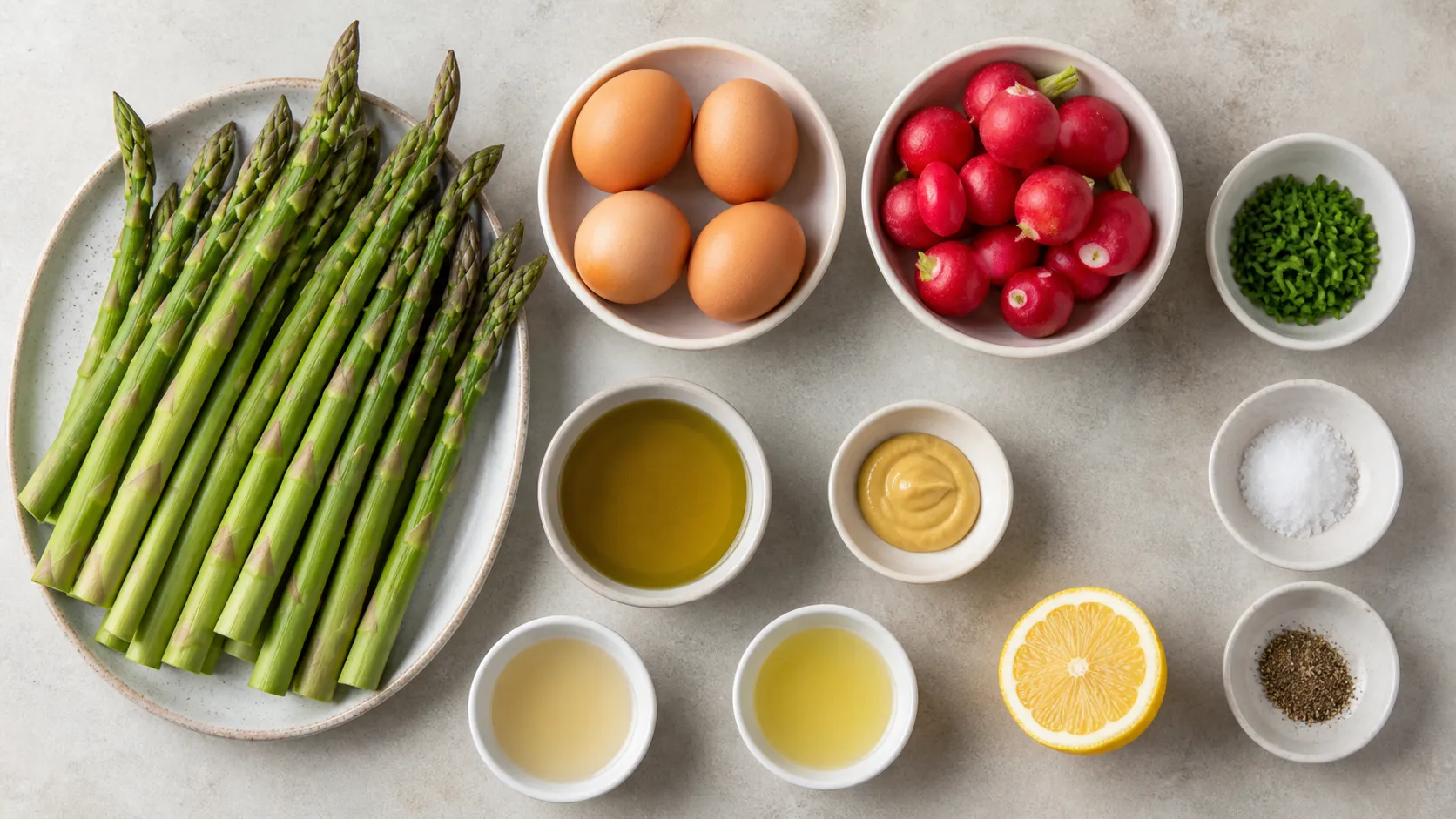 Zutaten für Keto-Spargelsalat: grüner Spargel, Eier, Radieschen, Schnittlauch, Olivenöl, Senf und Zitrone