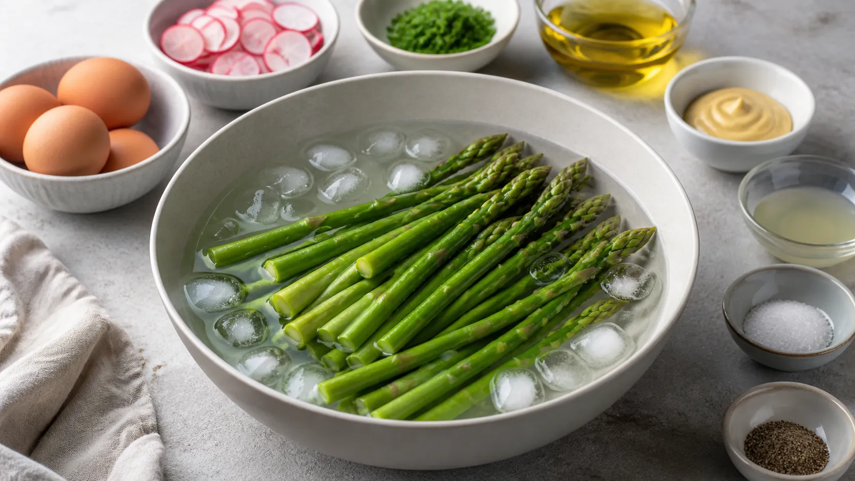 Grüner Spargel wird in einer Schüssel mit Eiswasser abgeschreckt