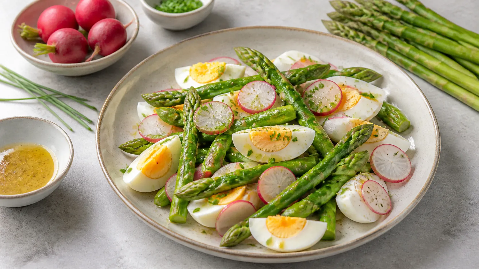 Keto-Spargelsalat mit grünem Spargel, halbierten Eiern und Radieschenscheiben auf einer flachen Schale