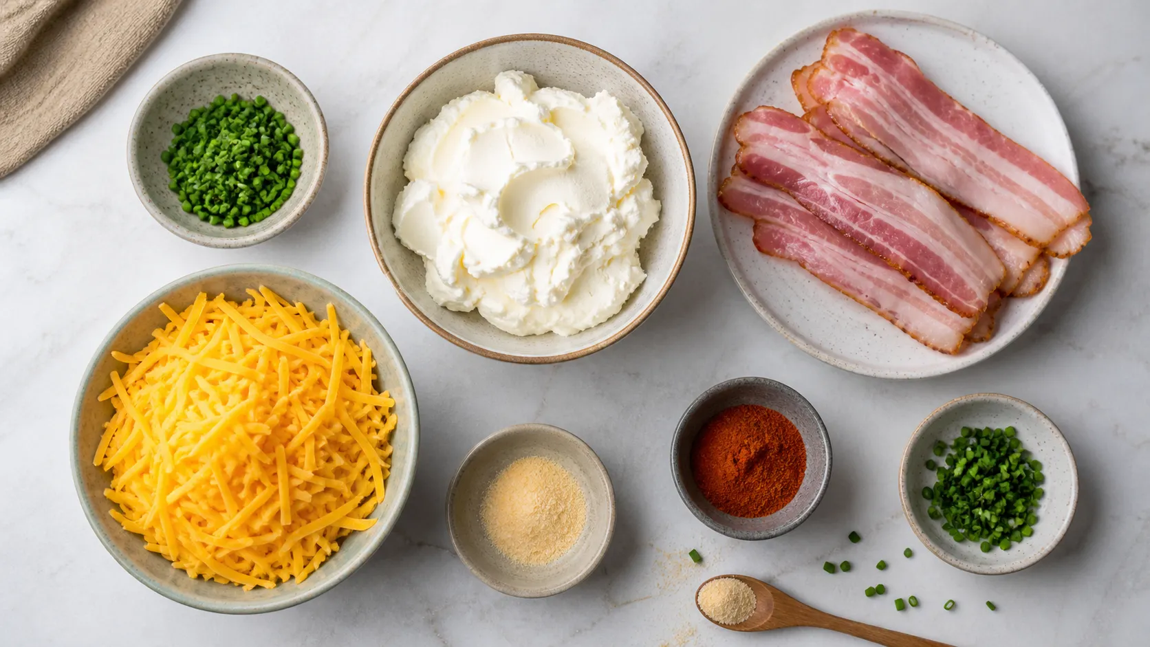 Zutaten für Keto Speck-Käse-Bällchen: Frischkäse, geriebener Cheddar, Bacon, Schnittlauch, Knoblauchpulver und Paprika
