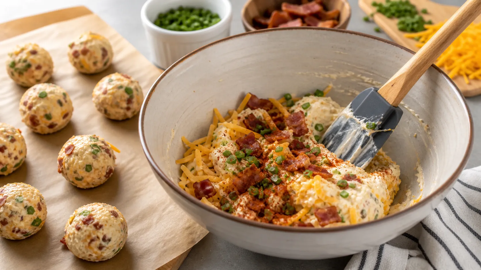 Frischkäse, Cheddar, Baconbrösel und Schnittlauch werden in einer Schüssel für Keto Speck-Käse-Bällchen verrührt
