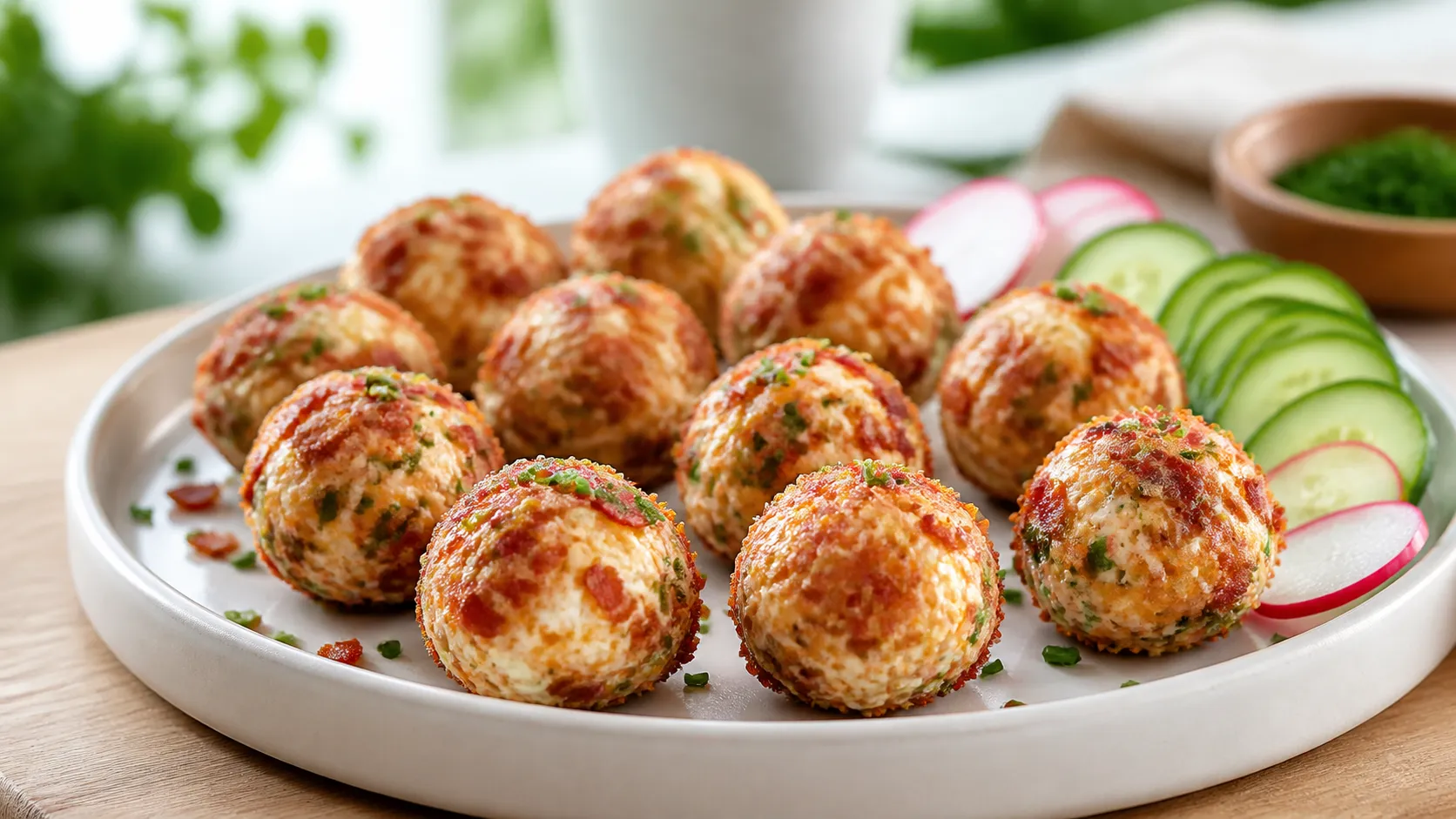 Keto Speck-Käse-Bällchen auf einem Holzbrettchen, garniert mit Schnittlauch und umgeben von Baconstreifen