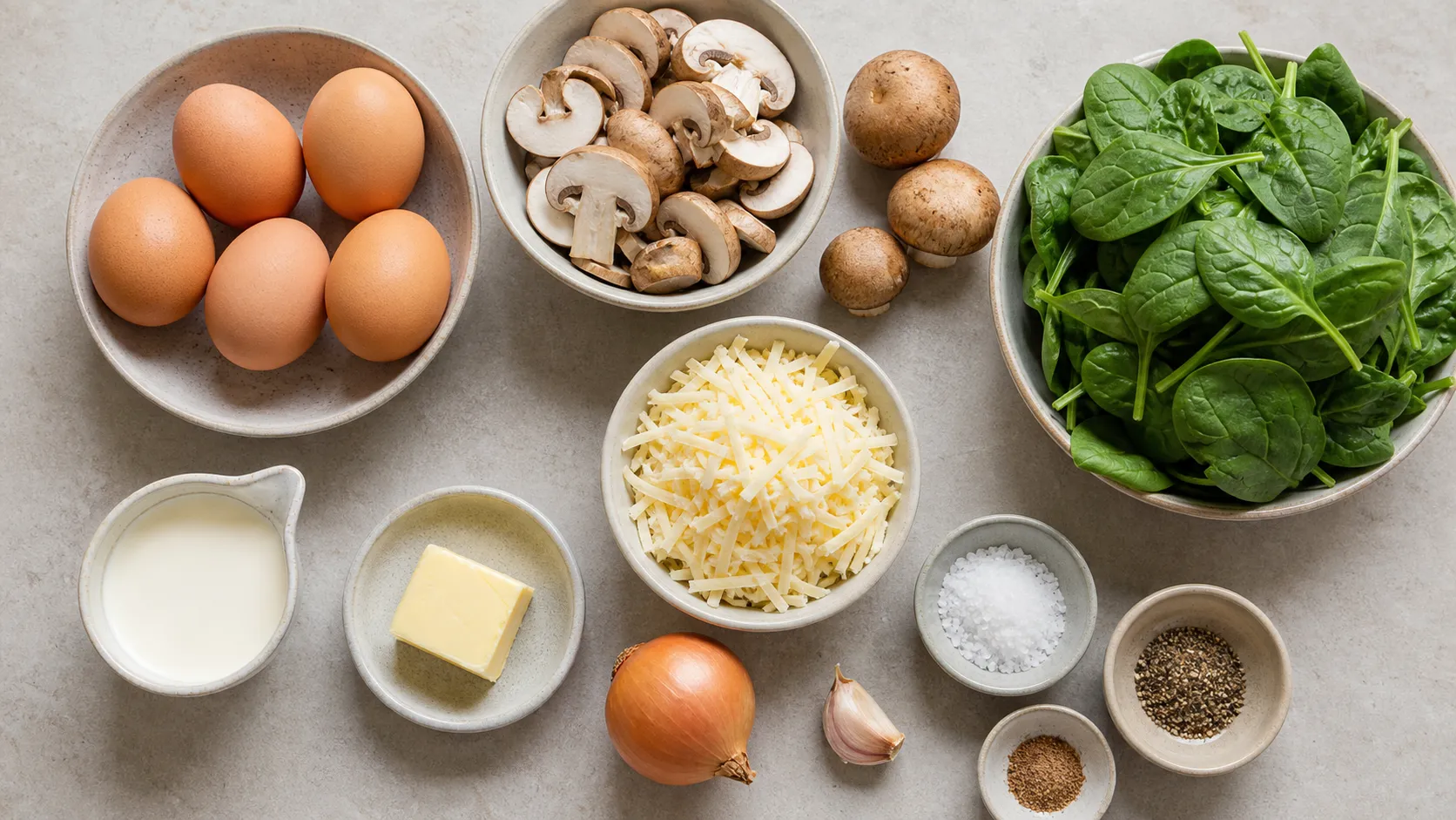 Zutaten für Keto Spinat-Champignon-Frittata: Eier, Champignons, Blattspinat, Sahne und Bergkäse