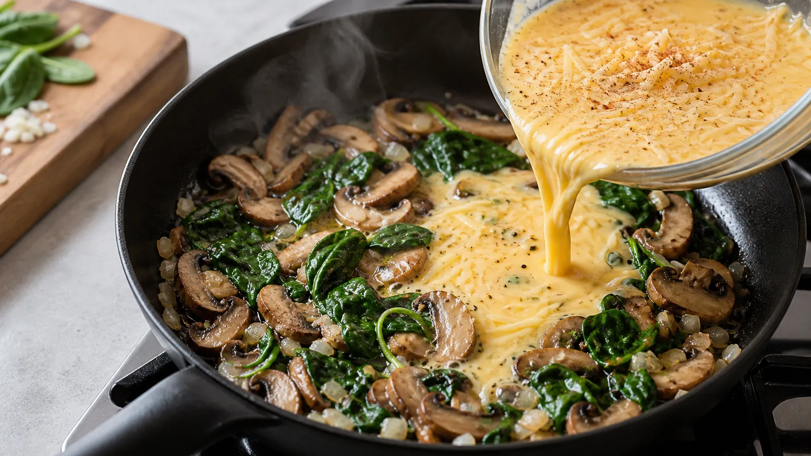 Champignons und Spinat braten in der Pfanne, bevor die verquirlten Eier dazukommen