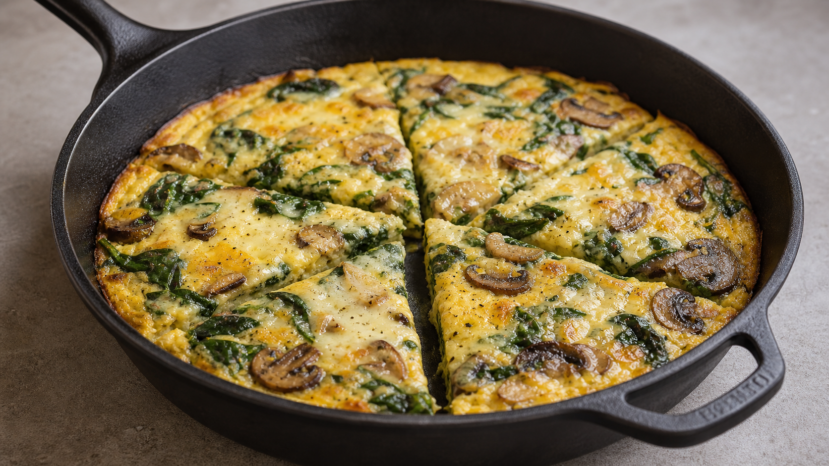 Keto Spinat-Champignon-Frittata mit geschmolzenem Bergkäse in einer Pfanne, angeschnitten