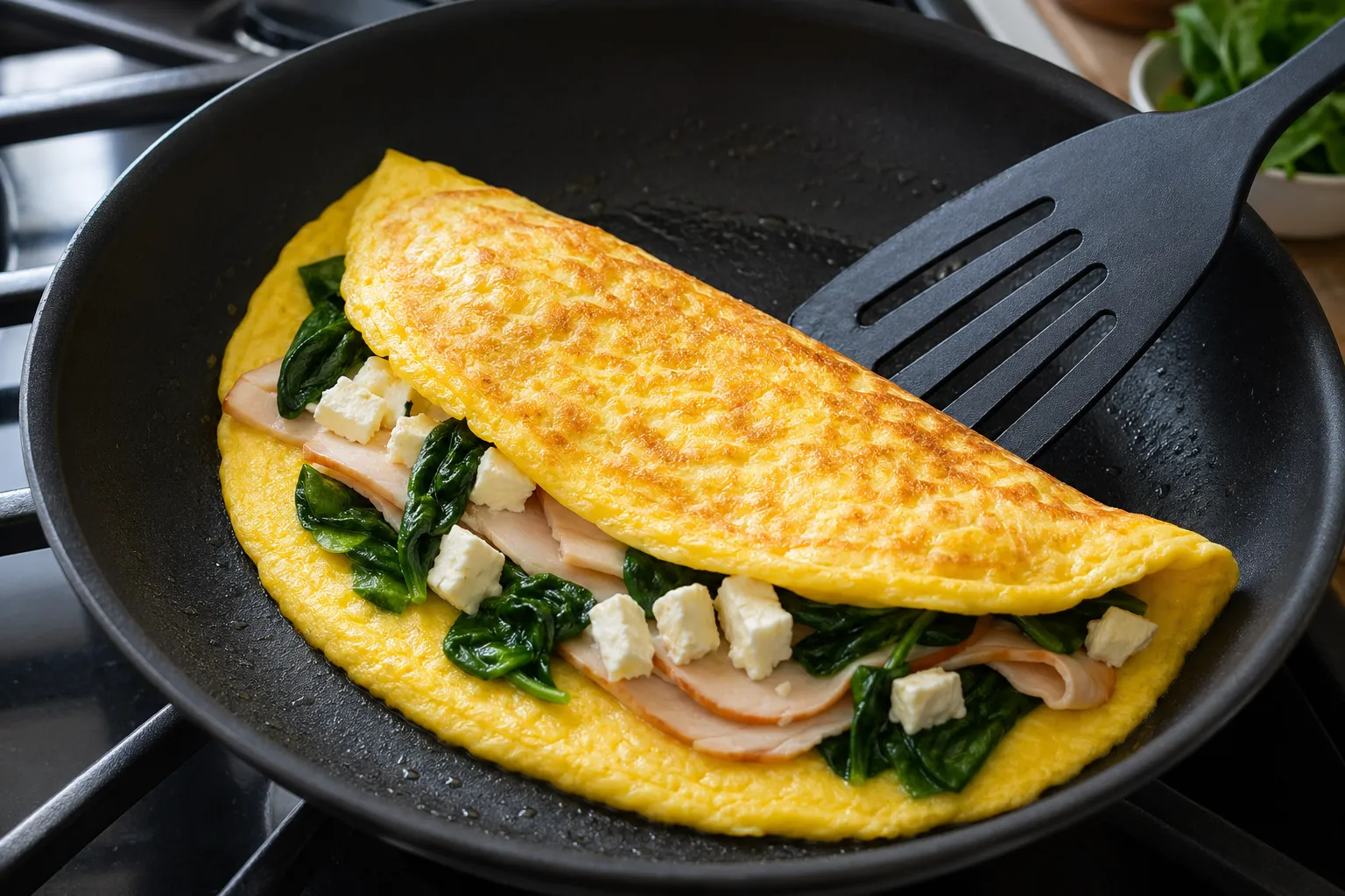 Keto-Omelett mit Feta-Füllung wird in der Pfanne gefaltet