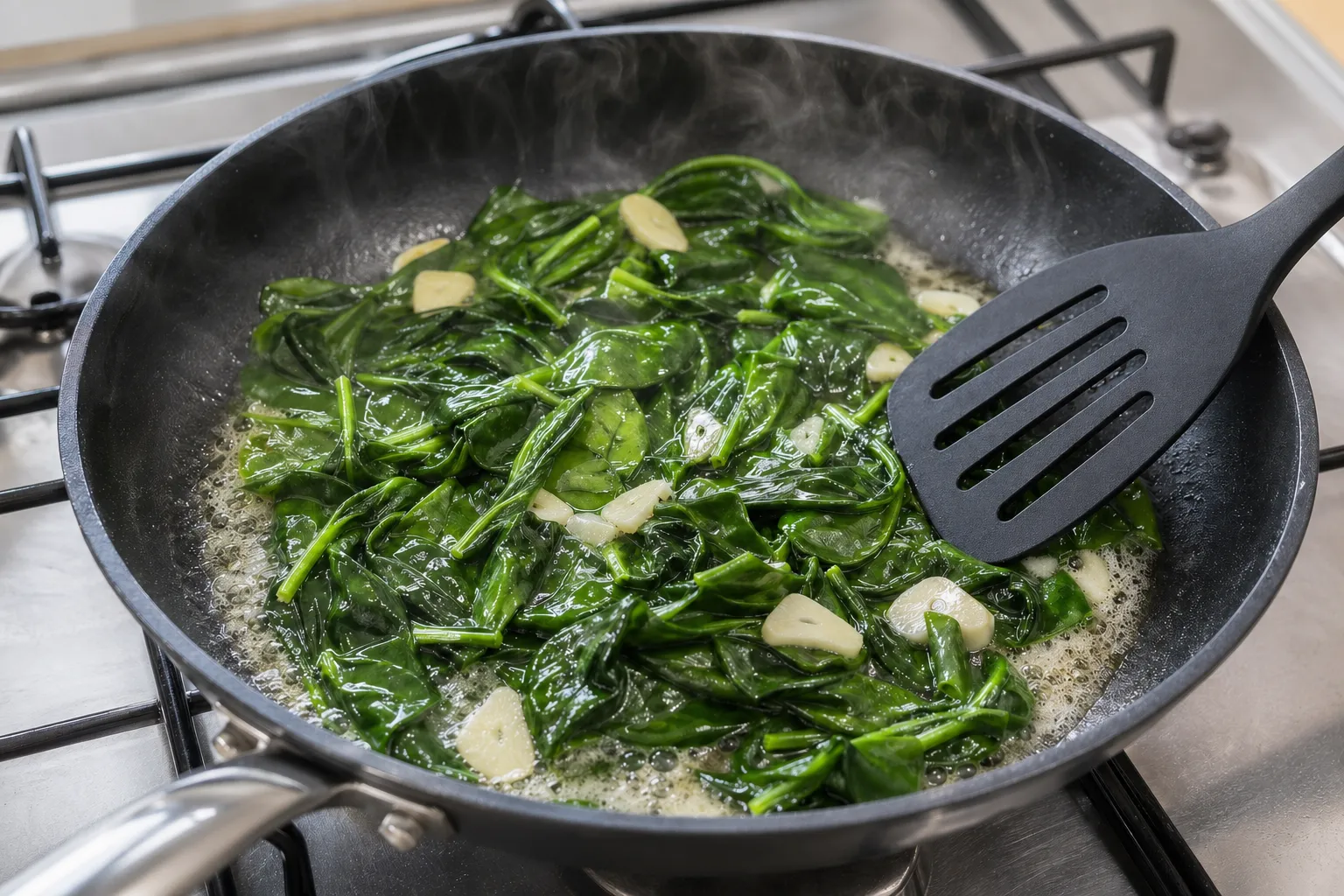 Frischer Blattspinat in Butter mit Knoblauch in der Pfanne anschwitzen für das Keto-Omelett