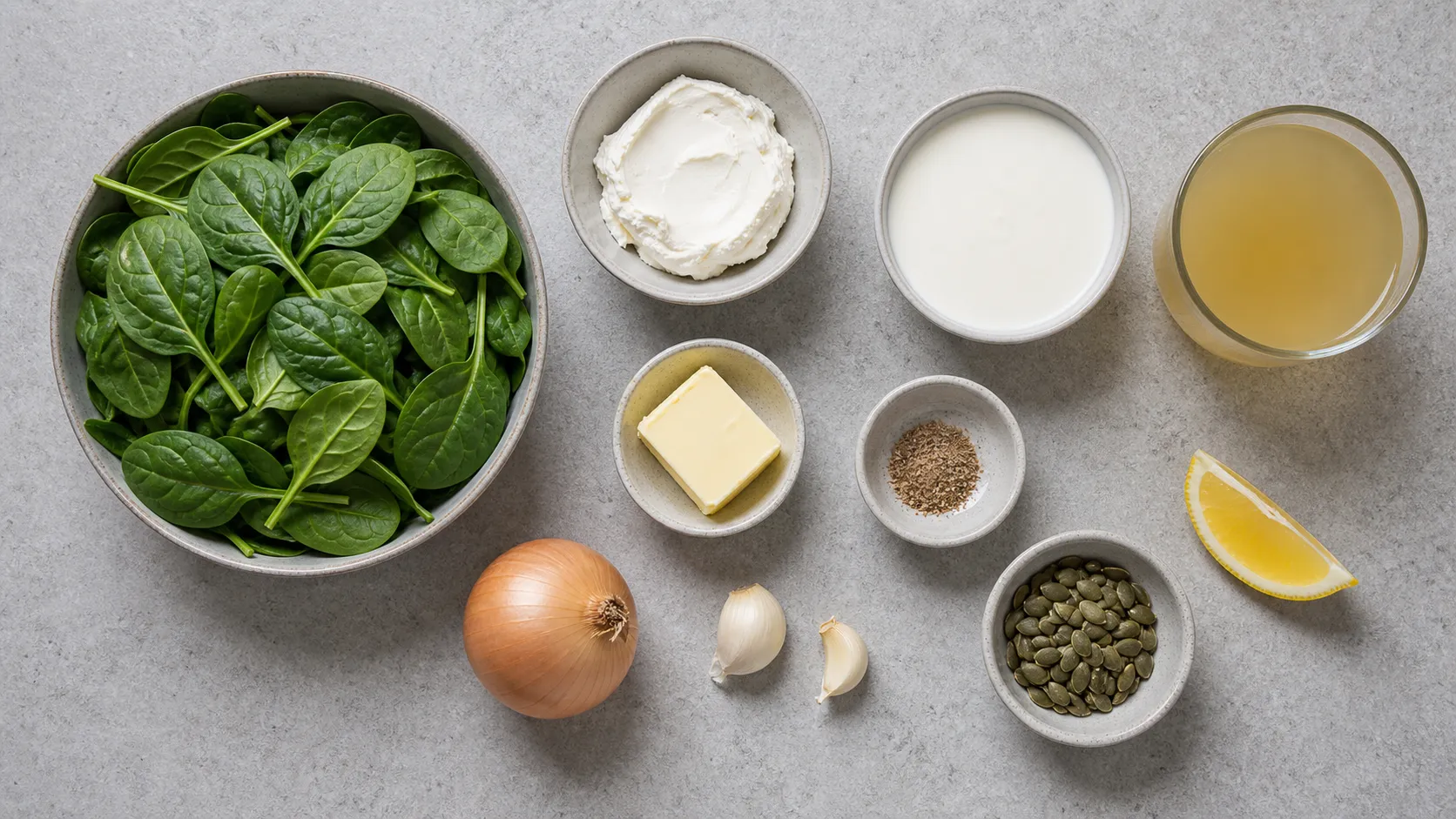 Zutaten für Keto-Spinatsuppe: Blattspinat, Frischkäse, Sahne, Zwiebel, Knoblauch und Butter