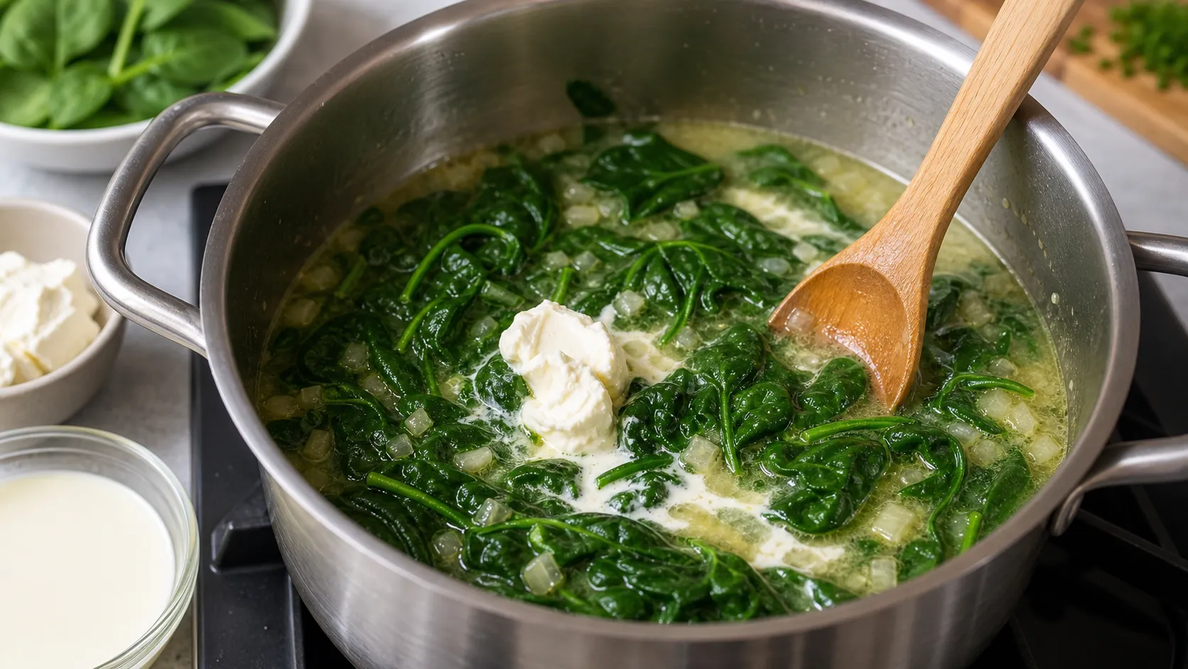 Spinat fällt in der Brühe zusammen, bevor die Suppe cremig püriert wird