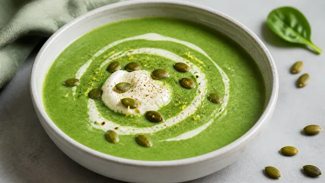Cremige grüne Keto-Spinatsuppe mit Frischkäse-Tupfer und Kürbiskernen in einer Schale