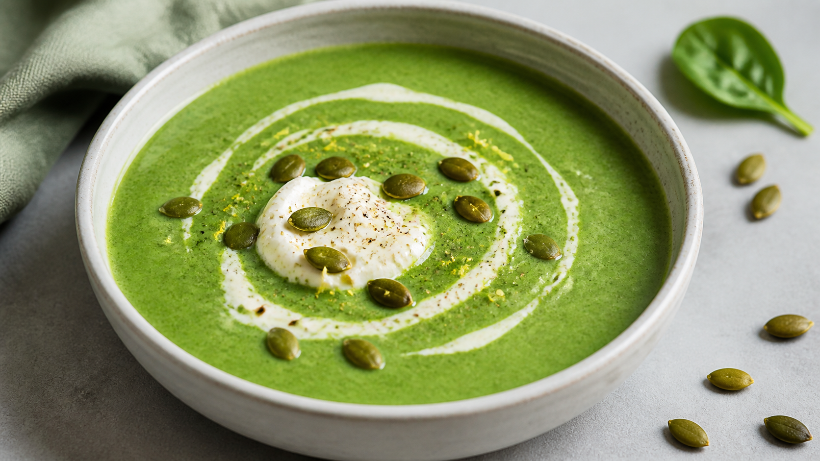 Cremige grüne Keto-Spinatsuppe mit Frischkäse-Tupfer und Kürbiskernen in einer Schale