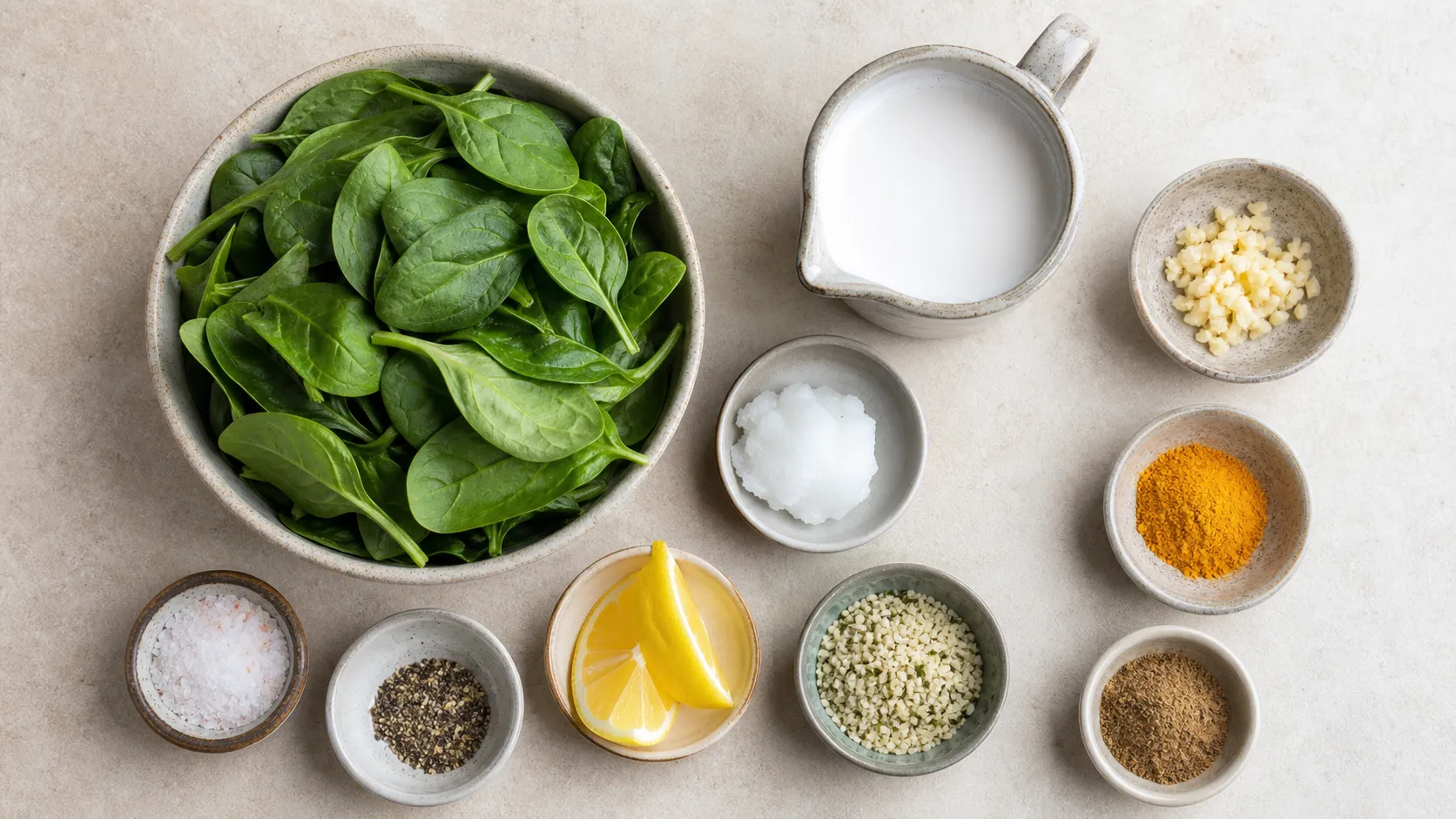 Zutaten für das Keto Spinat-Kokos-Dal: Spinat, Kokosmilch, Kokosöl, Kurkuma, Kreuzkümmel, Knoblauch, Ingwer und Hanfsamen