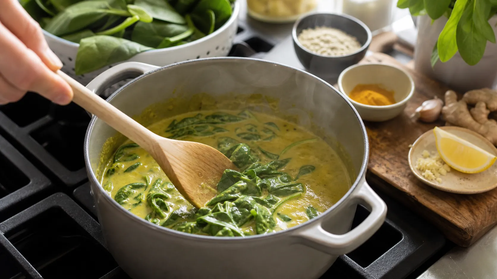 Spinat wird in goldgelber Kokosmilch-Kurkuma-Sauce in einem Topf gegart