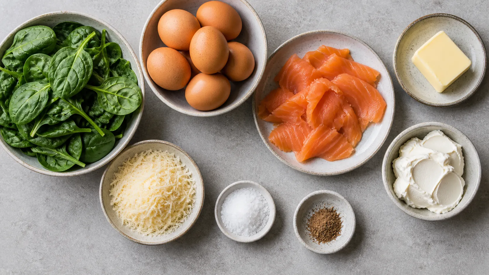 Zutaten für Keto Spinat-Lachs-Frittata: Eier, Räucherlachs, Babyspinat, Parmesan und Frischkäse als Flatlay
