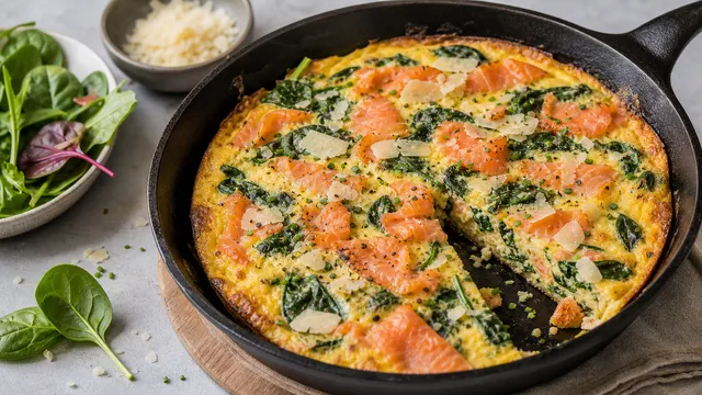 Keto Spinat-Lachs-Frittata in einer gusseisernen Pfanne, mit goldbrauner Kruste und grünem Spinat sichtbar