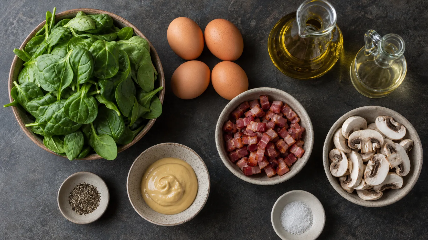 Zutaten für Keto-Spinatsalat: Babyspinat, Eier, Speckwürfel, Champignons, Olivenöl und Senf
