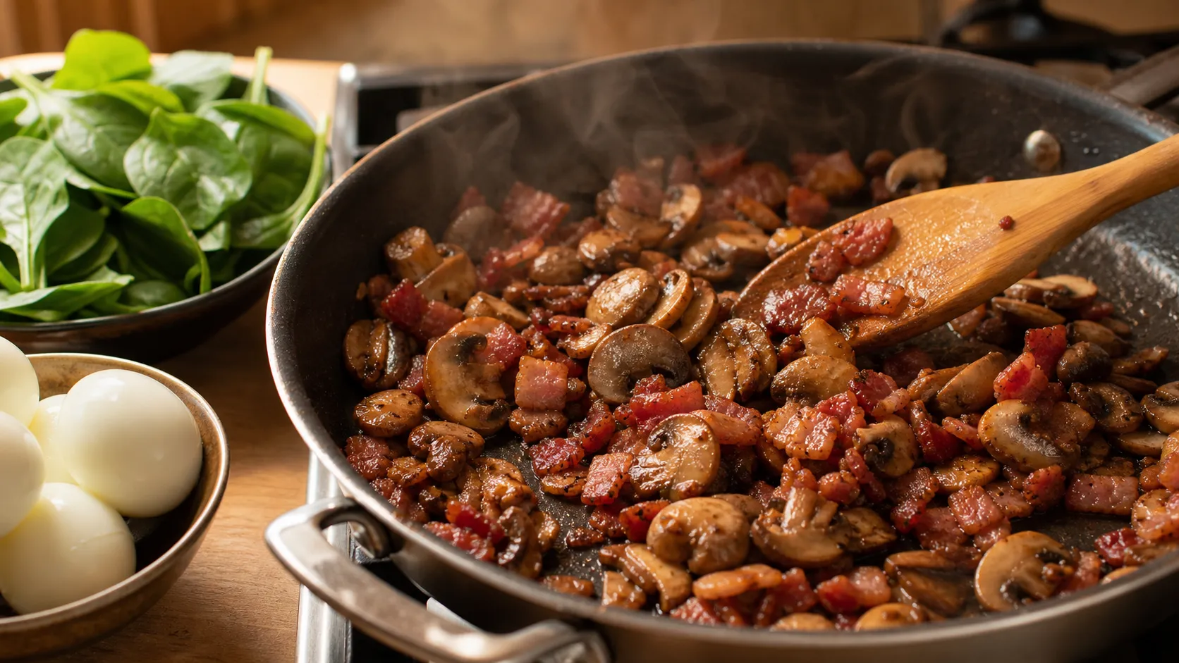 Speckwürfel und Champignons braten knusprig in der Pfanne
