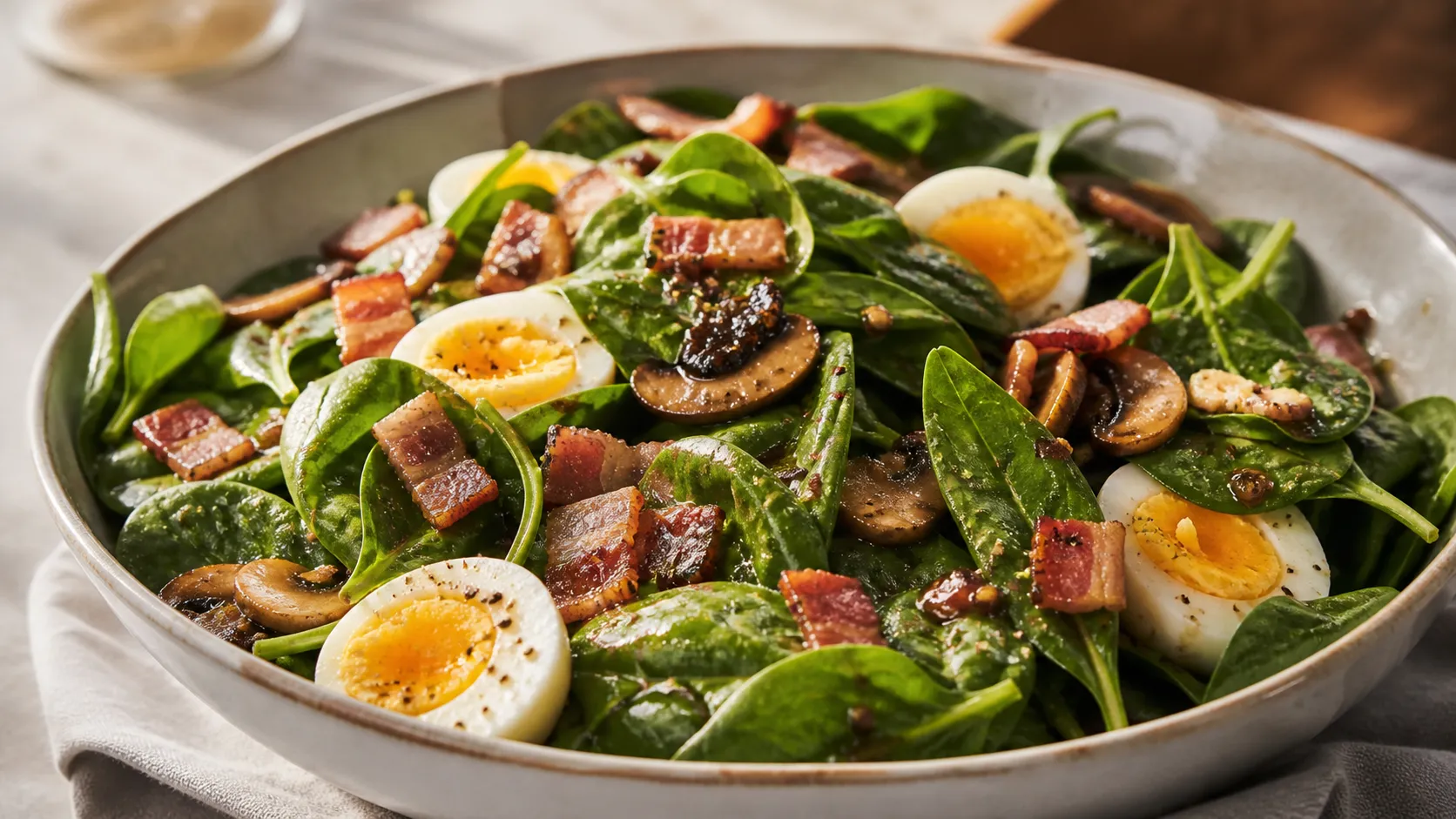 Warmer Keto-Spinatsalat mit Babyspinat, gekochtem Ei, knusprigem Speck und gebratenen Champignons in einer Schüssel