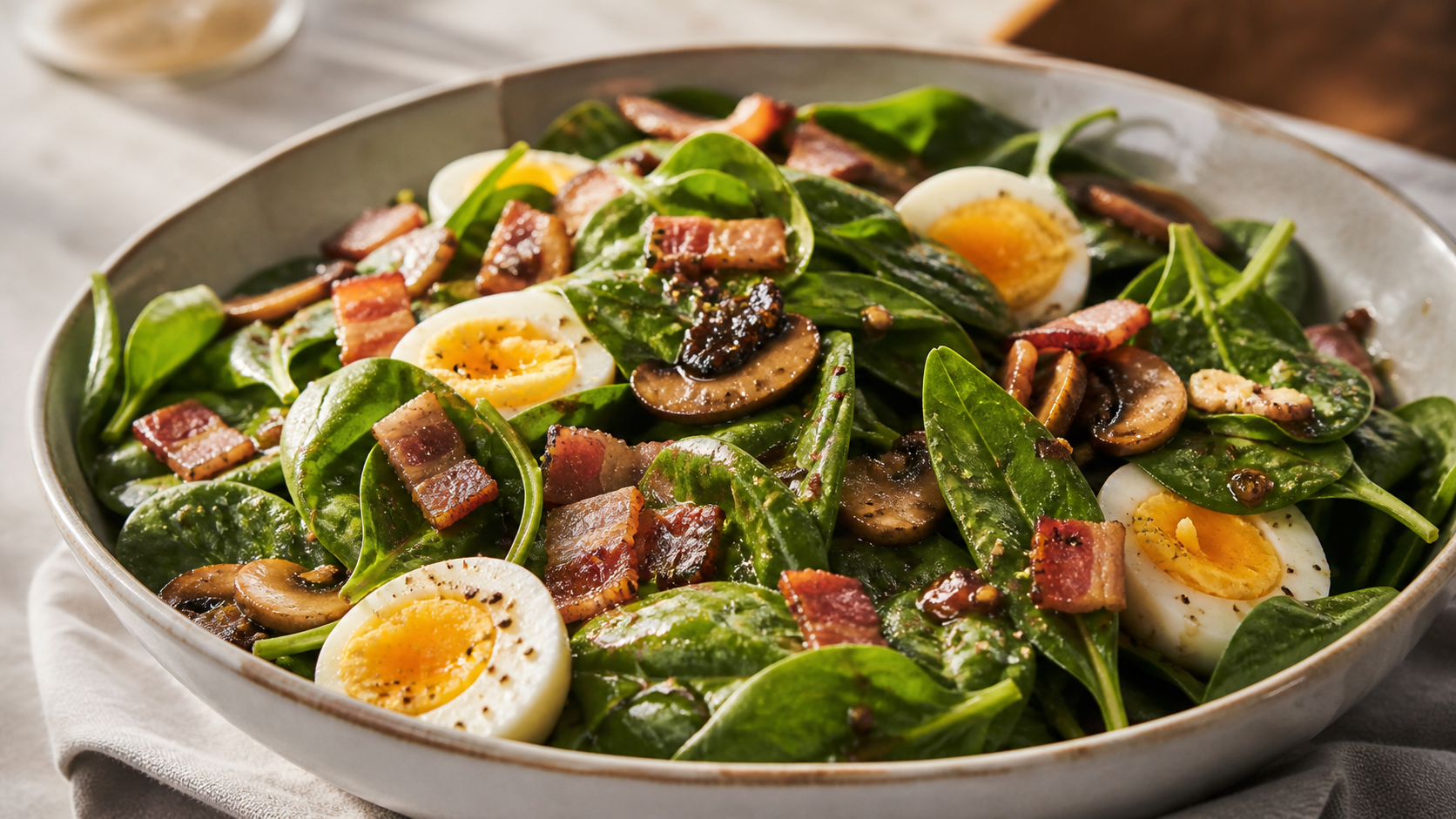 Warmer Keto-Spinatsalat mit Babyspinat, gekochtem Ei, knusprigem Speck und gebratenen Champignons in einer Schüssel