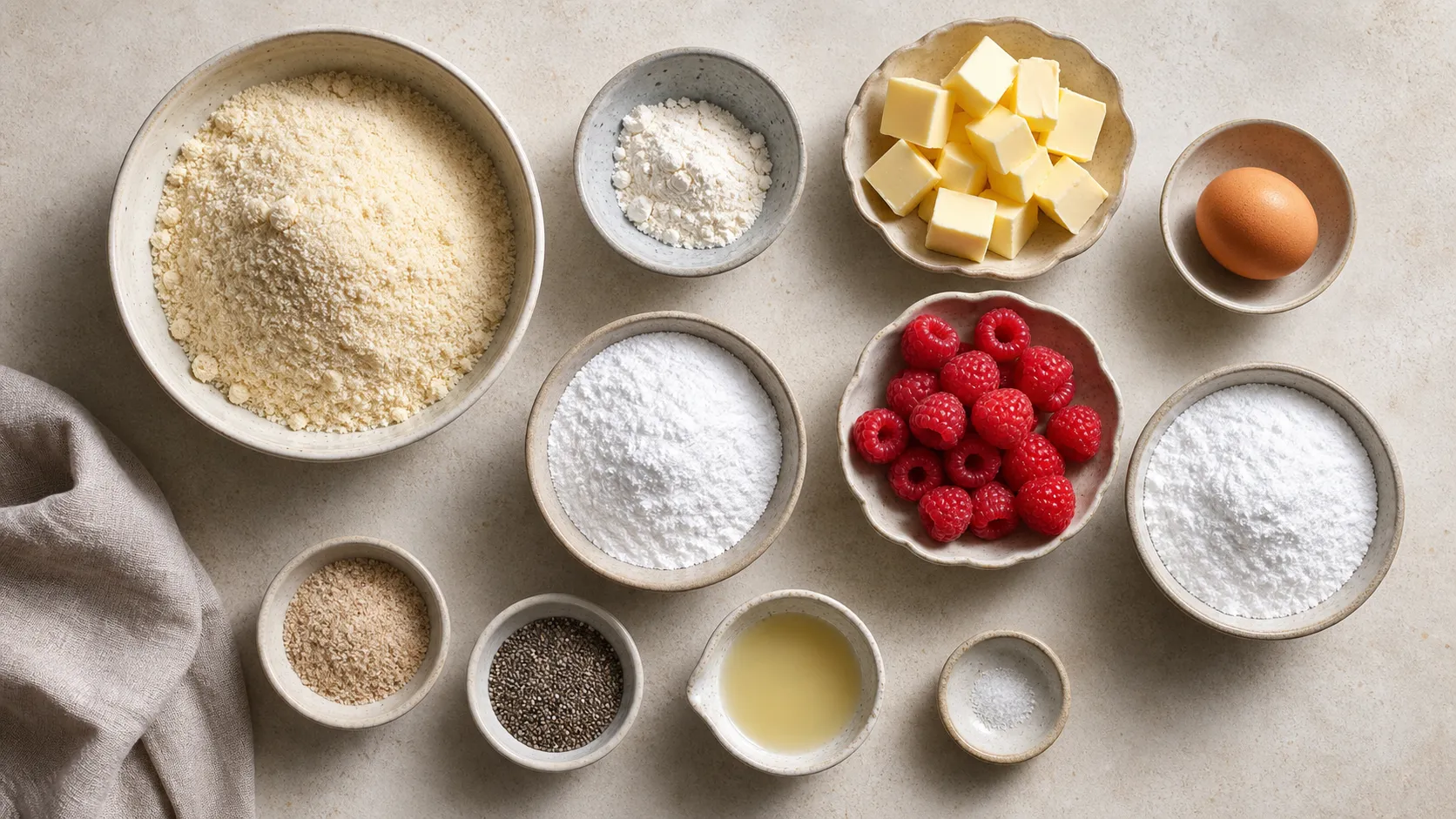 Zutaten für Keto Spitzbuben: Mandelmehl, Butter, Ei, Erythrit, Himbeeren und Chiasamen
