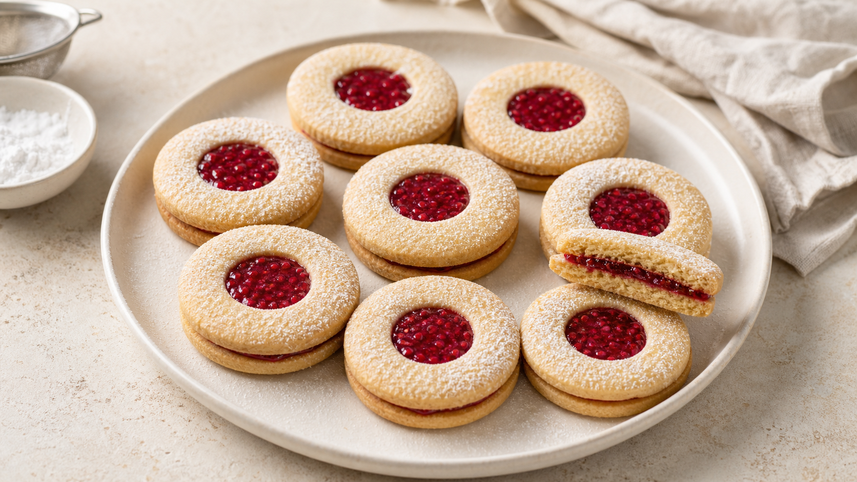 Keto Spitzbuben mit Himbeerfüllung und Puderzucker-Ersatz auf einem Teller
