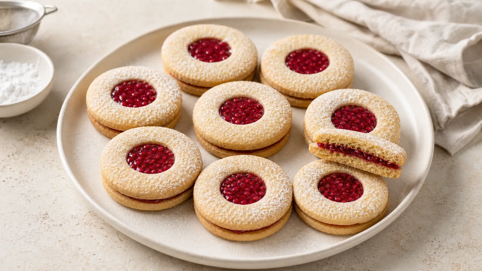 Keto Spitzbuben mit Himbeerfüllung und Puderzucker-Ersatz auf einem Teller