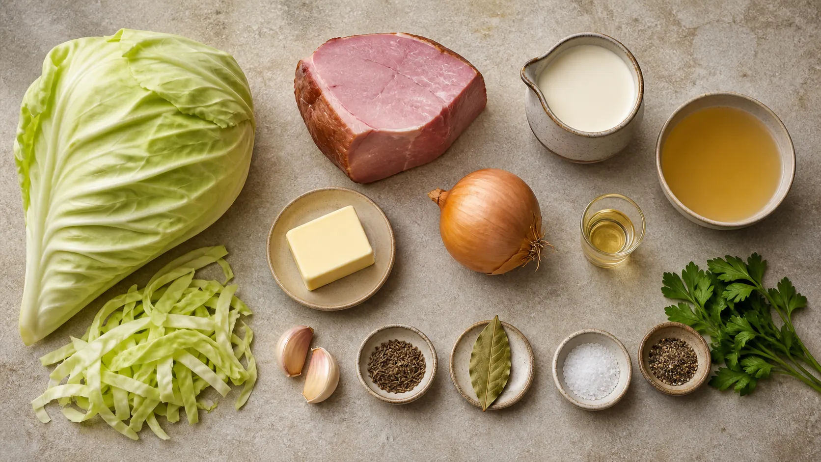 Zutaten: ein Spitzkohlkopf, Kasseler am Stück, Butter, Zwiebel, Knoblauch, Sahne, Kümmel und Lorbeer