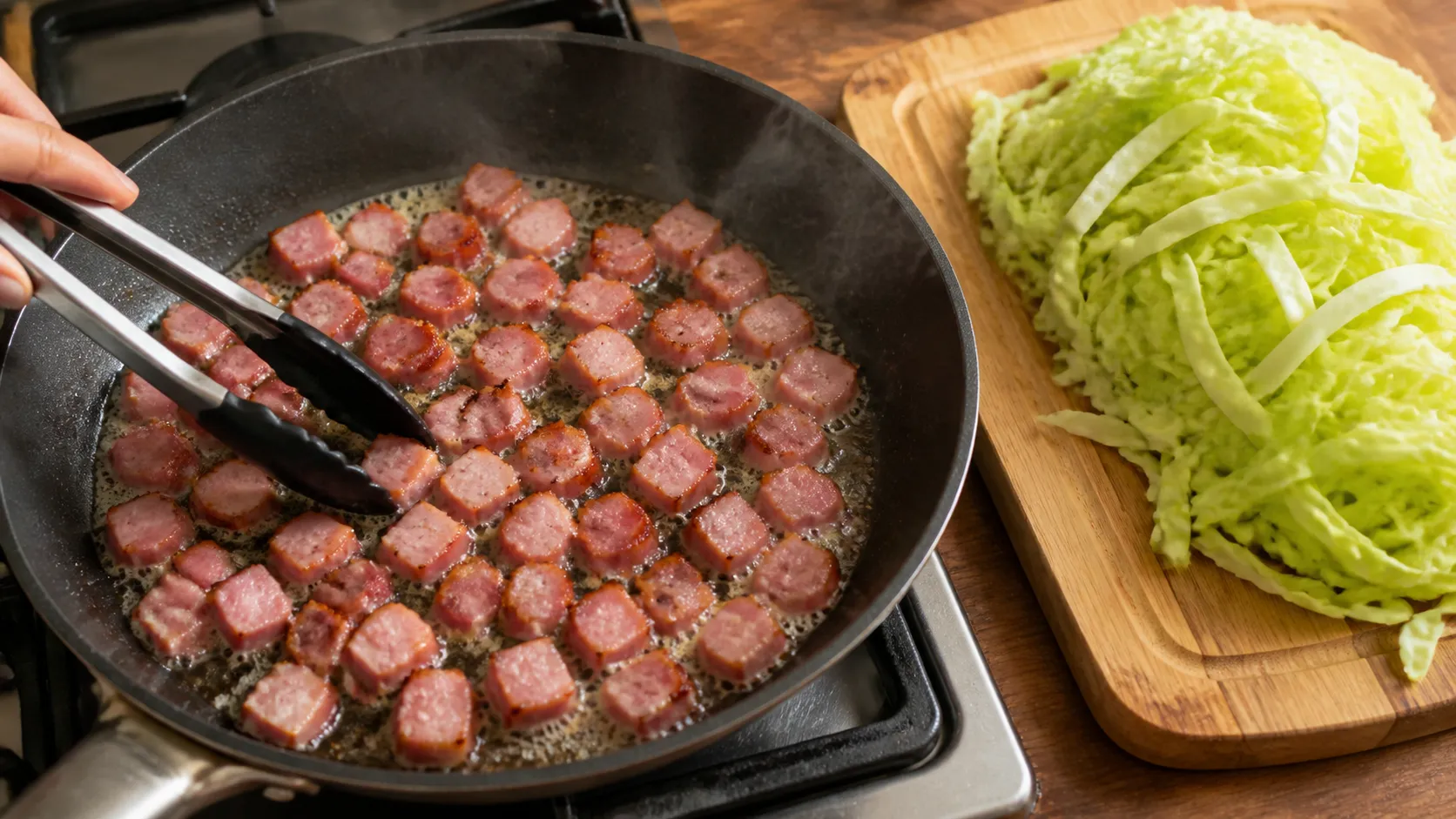 Kasselerwürfel braten in einer Pfanne an, daneben liegen geschnittene Spitzkohlstreifen auf einem Brett