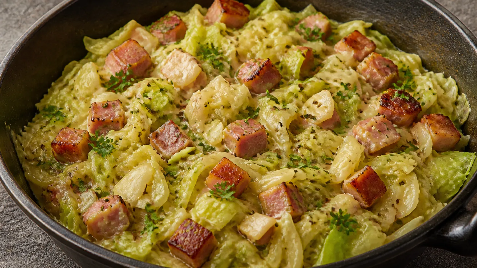 Große Pfanne mit hellen Spitzkohlstreifen, gebräunten Kasselerwürfeln und cremiger Sauce, bestreut mit Petersilie