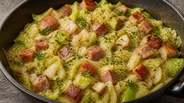 Große Pfanne mit hellen Spitzkohlstreifen, gebräunten Kasselerwürfeln und cremiger Sauce, bestreut mit Petersilie