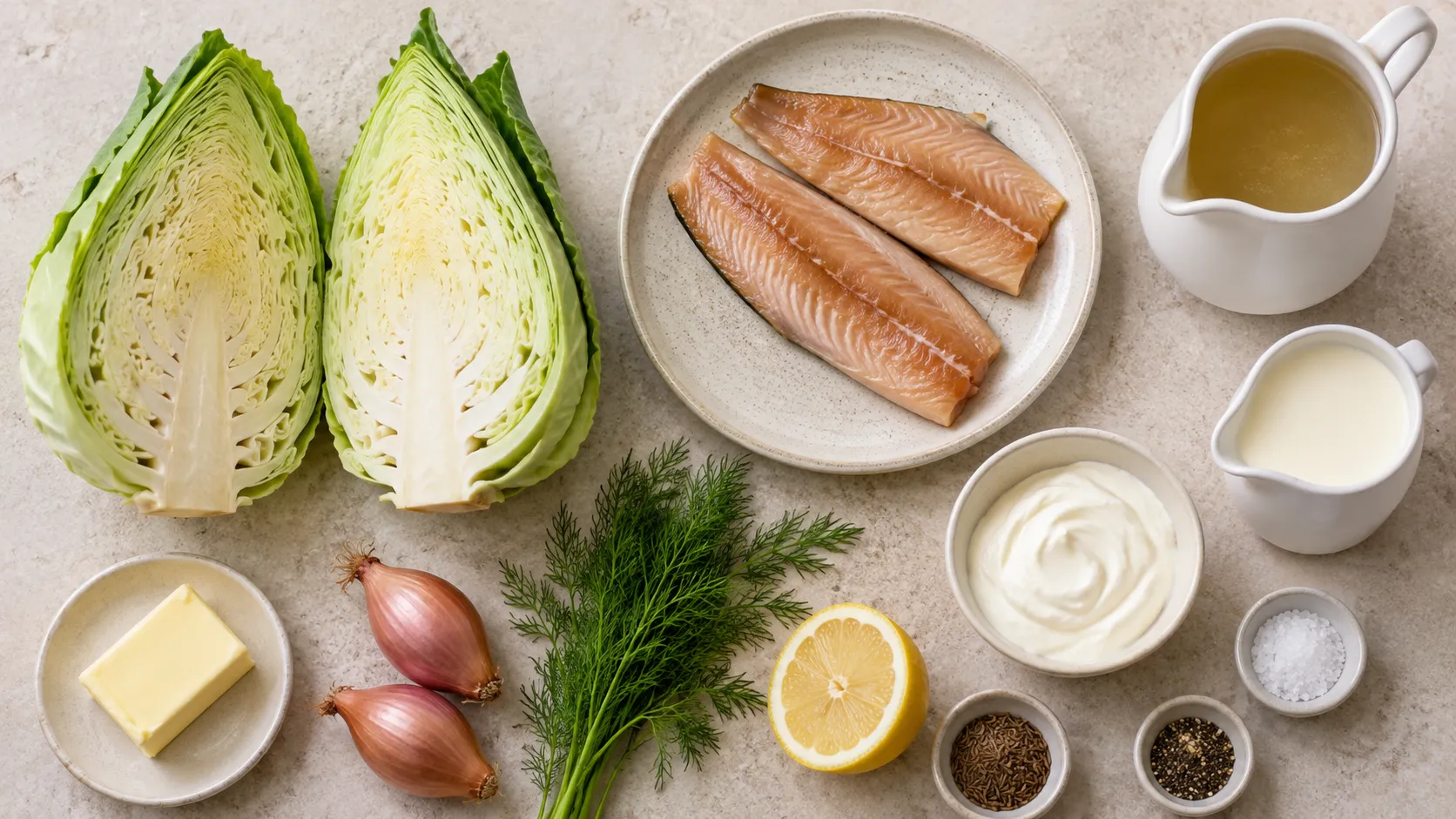 Zutaten für die Suppe: halbierter Spitzkohl, Räucherforellenfilets, Sahne, Schmand, Butter, Dill und Kümmel