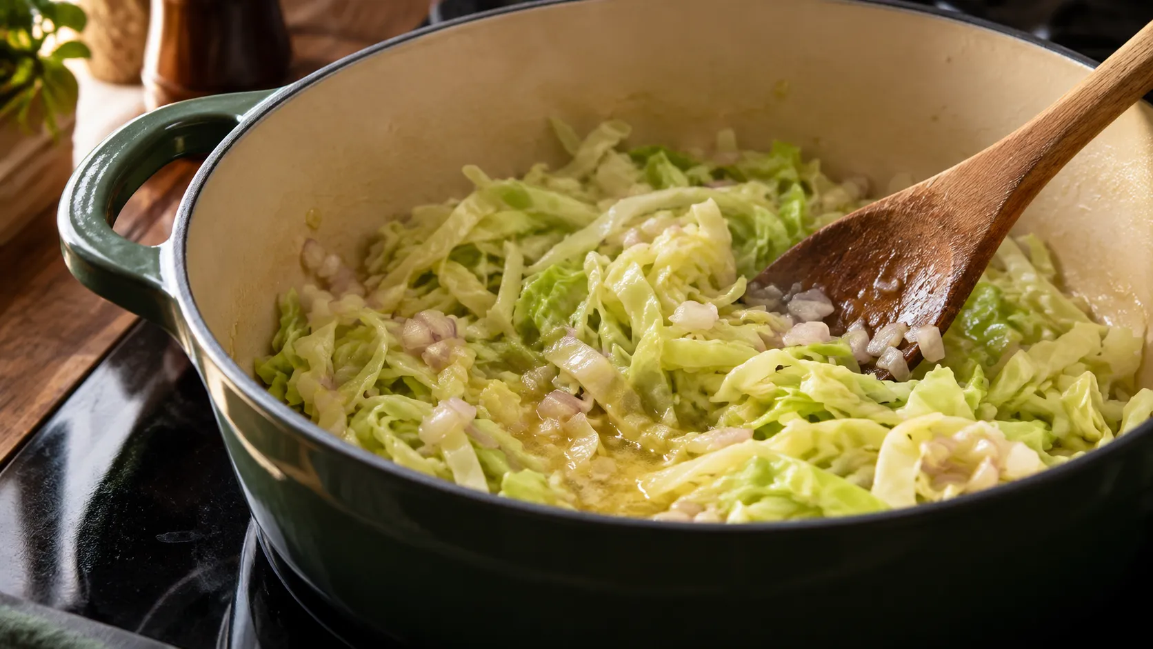 Fein gehobelter Spitzkohl wird in einem Topf in Butter angeschwitzt, bis er zusammenfällt