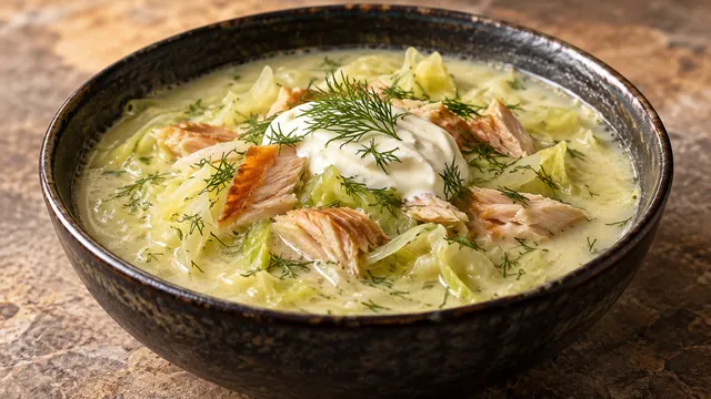 Cremige helle Spitzkohlsuppe in einem tiefen Teller mit Räucherforellenstücken, Dillspitzen und einem Klecks Schmand