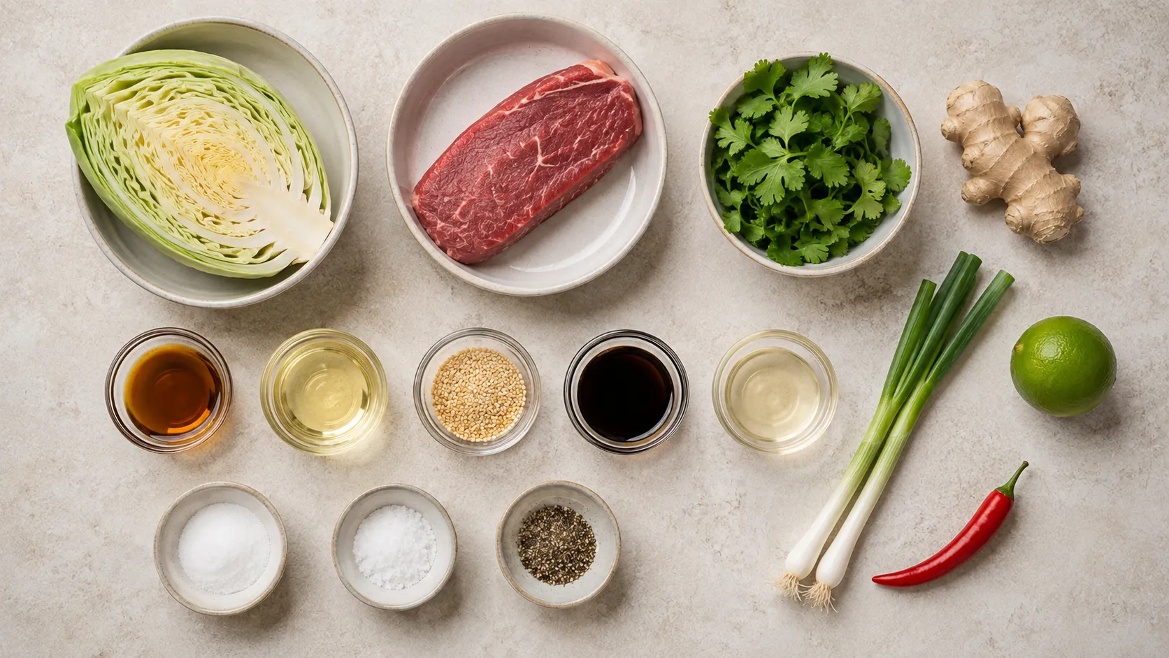 Zutaten für Keto-Spitzkohl-Salat: ein halber Spitzkohl, rohes Rumpsteak, Sesamöl, Sojasauce, Limette, Ingwer, Sesam, Frühlingszwiebeln und Chili