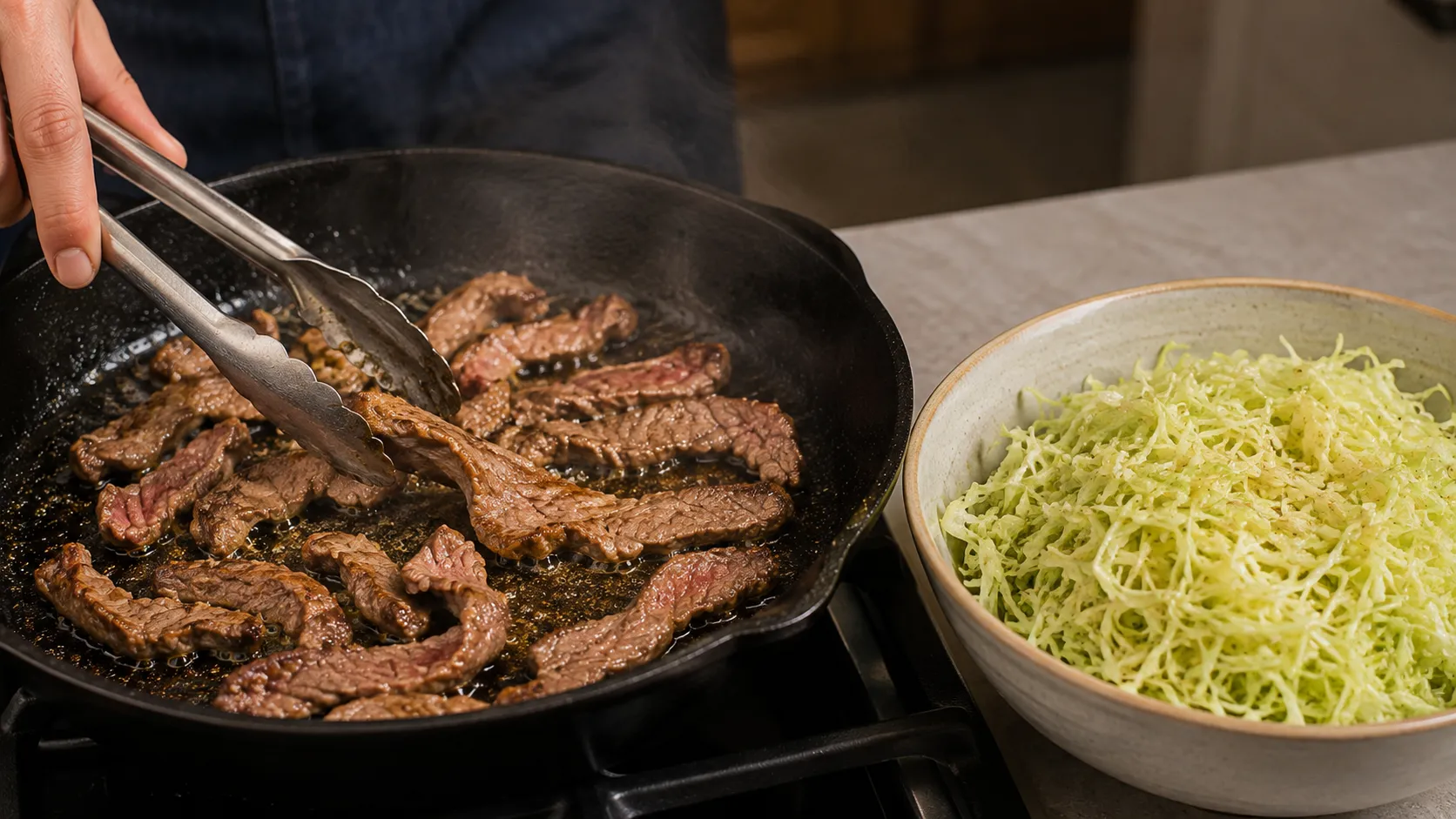 Dünne Rindfleischstreifen braten in einer sehr heißen Pfanne, daneben eine Schüssel mit fein gehobeltem, mit Salz gekneteten Spitzkohl