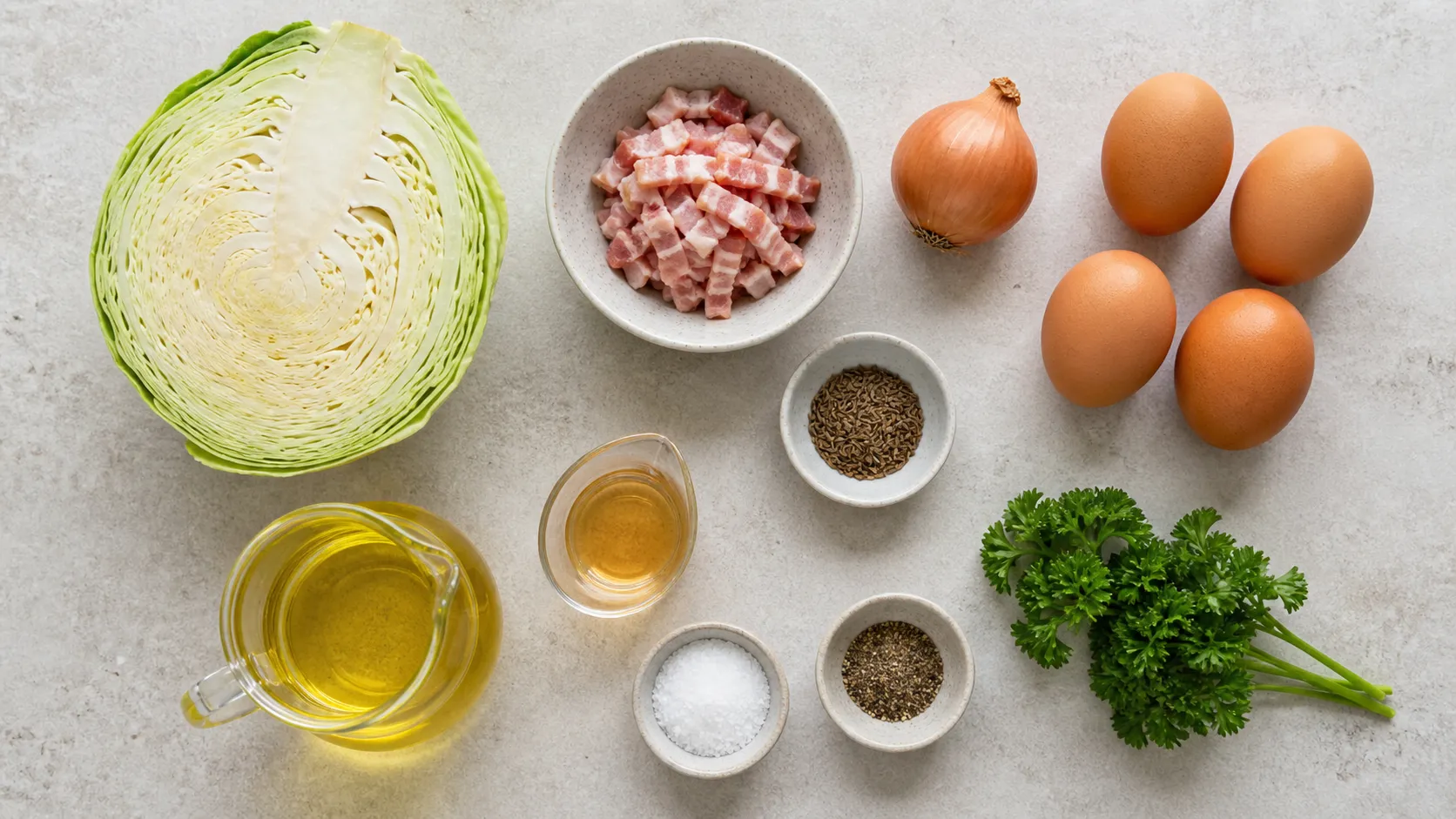 Zutaten für die Keto-Spitzkohl-Pfanne: halbierter Spitzkohl, Speckwürfel, Zwiebel, Eier, Kümmel und Apfelessig