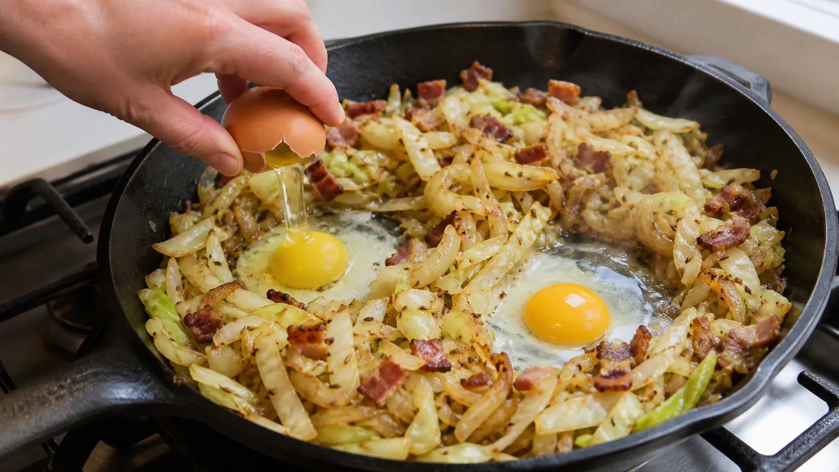 Spitzkohlstreifen braten mit ausgelassenen Speckwürfeln in einer Pfanne, daneben zwei aufgeschlagene Eier