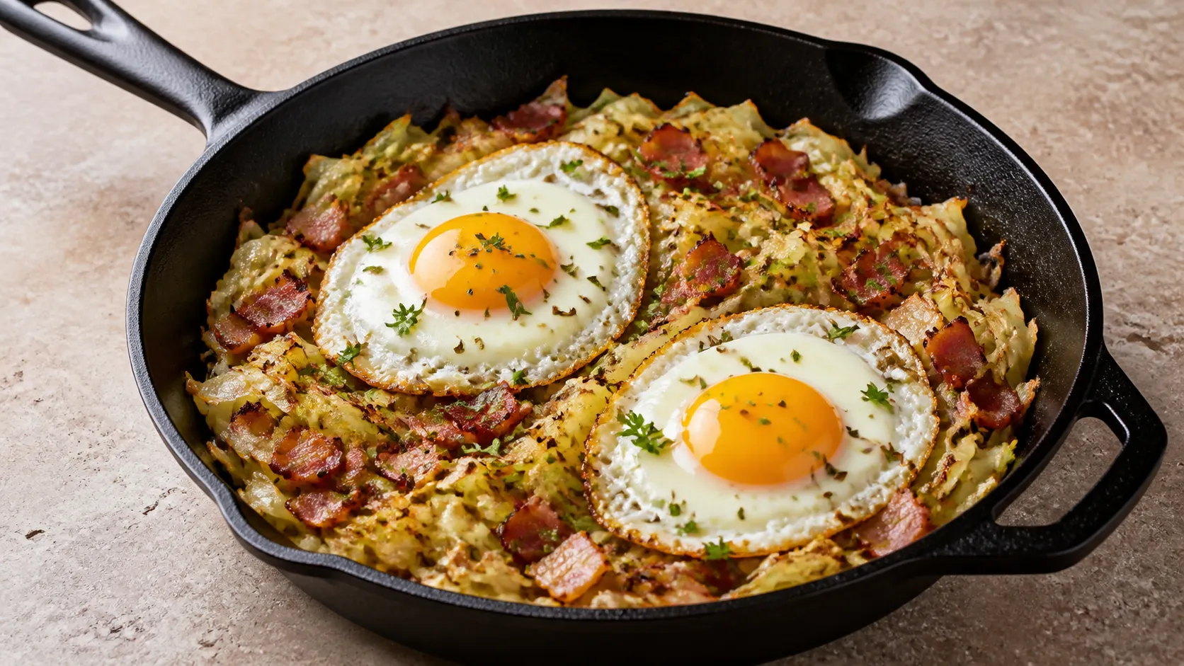 Gusseiserne Pfanne mit gebratenem Spitzkohl, knusprigen Speckwürfeln und zwei Spiegeleiern, bestreut mit Petersilie