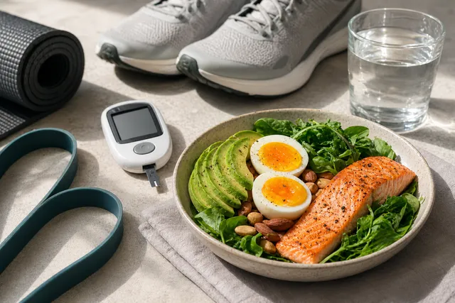 Trainingssilhouette neben einer Blutzucker-Kurve und einem Low-Carb-Teller