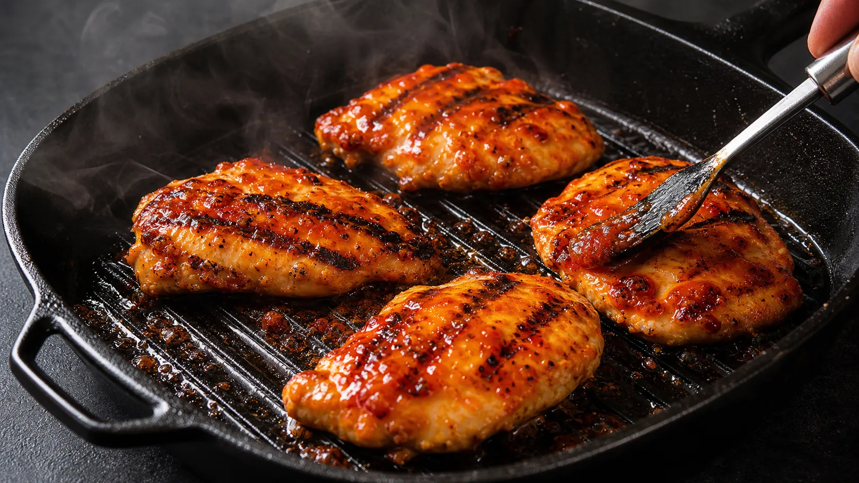 Hähnchenbrust karamellisiert in der Grillpfanne mit Sriracha-Glasur