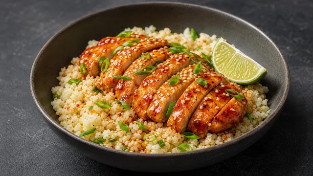 Fertige Keto-Sriracha-Hähnchen-Bowl mit Blumenkohlreis, Sesam, Limette und Frühlingszwiebeln