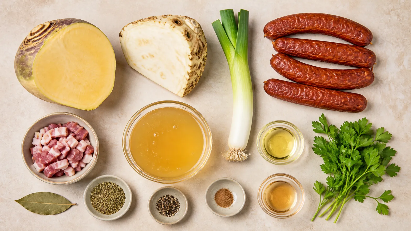 Zutaten für den Keto-Steckrübeneintopf: Steckrübe, Knollensellerie, Lauch, Mettenden, durchwachsener Speck, Lorbeerblatt und Majoran