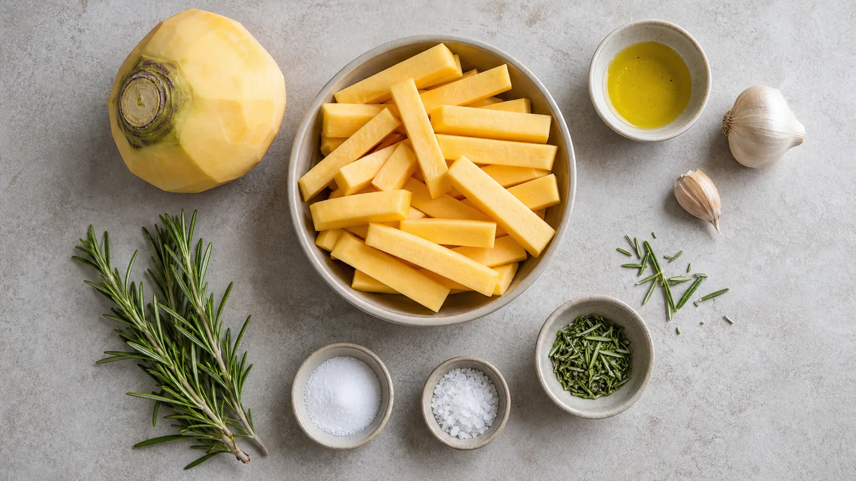 Zutaten für Keto-Steckrüben-Pommes: Steckrübe, Olivenöl, Knoblauch, Rosmarin, feines Salz und grobes Salz