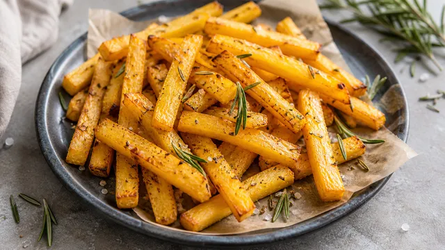 Goldgelbe Keto-Pommes aus Steckrübe mit Rosmarin, Knoblauch und grobem Salz aus dem Ofen