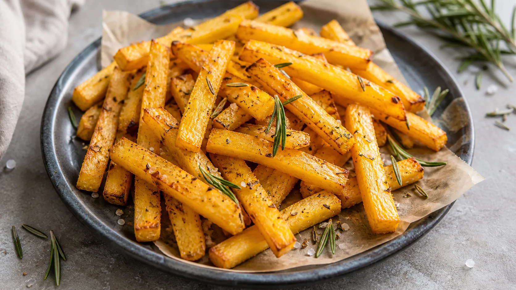 Goldgelbe Keto-Pommes aus Steckrübe mit Rosmarin, Knoblauch und grobem Salz aus dem Ofen