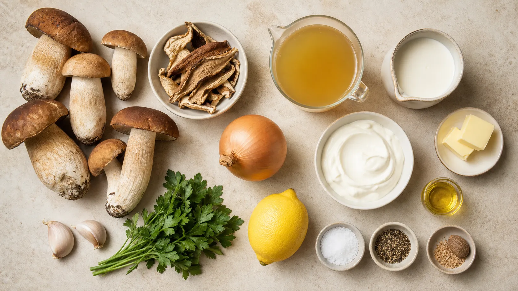 Zutaten für Keto Steinpilz-Cremesuppe: frische und getrocknete Steinpilze, Sahne, Butter, Zwiebel, Knoblauch und Trüffelöl