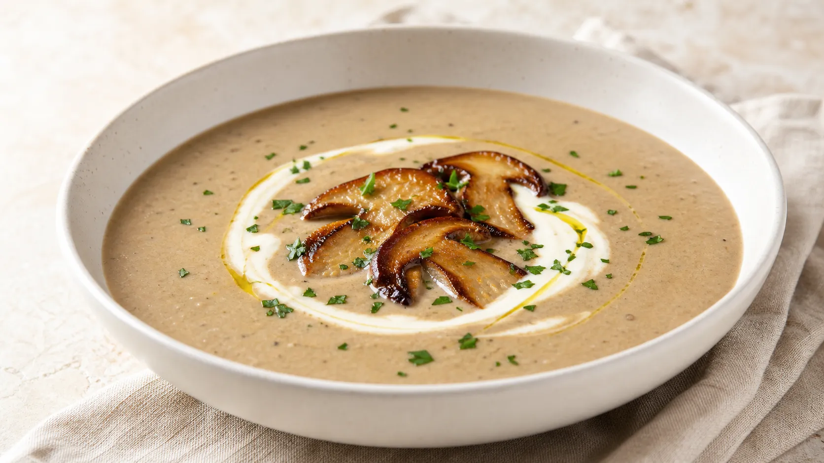 Keto Steinpilz-Cremesuppe in einem Suppenteller mit Crème fraîche, Petersilie und einem Faden Trüffelöl