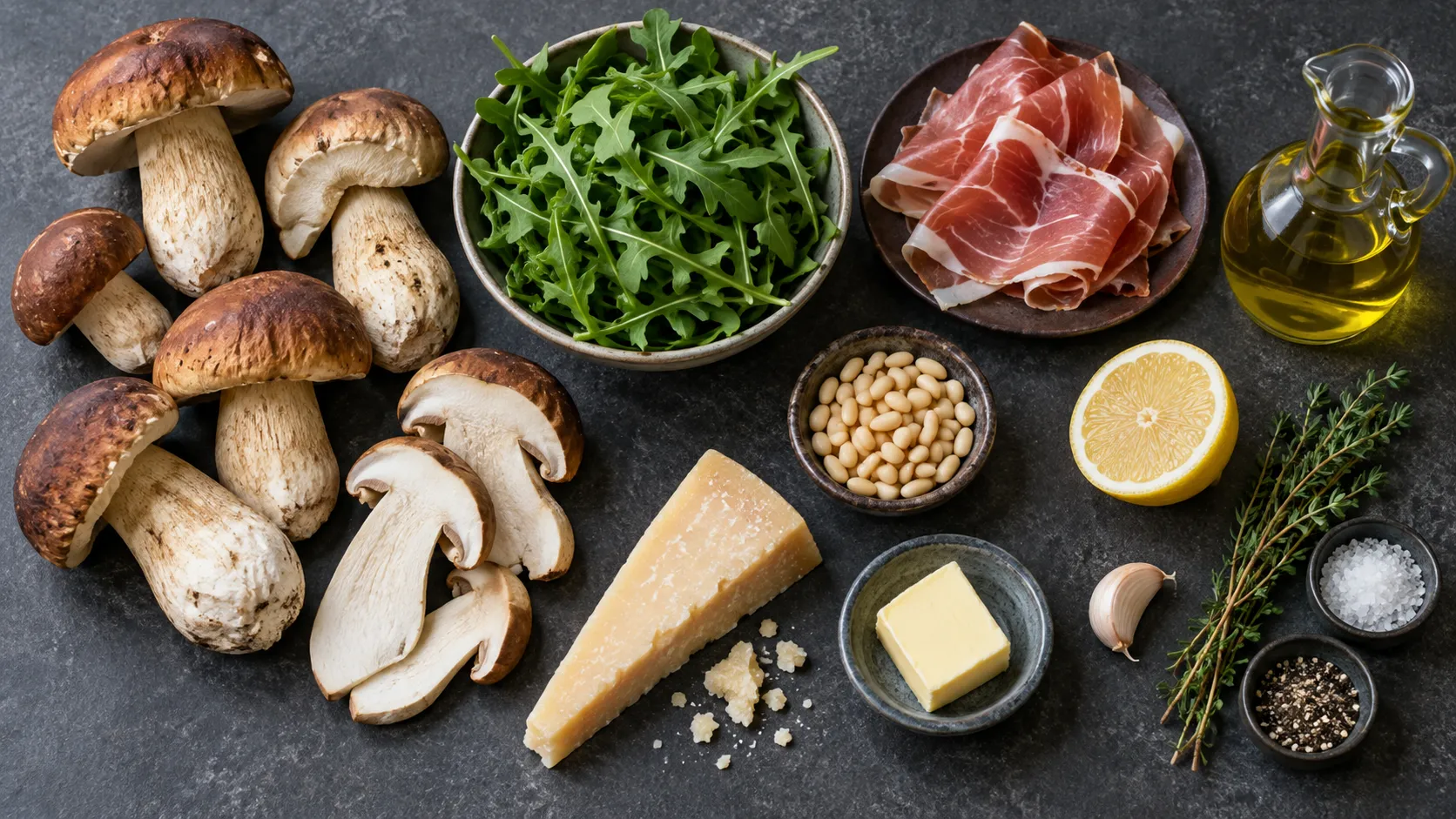 Zutaten für Steinpilzsalat: frische Steinpilze, Rucola, Serranoschinken, Parmesan, Pinienkerne und Thymian