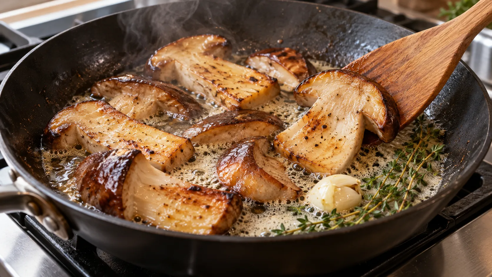 Steinpilzscheiben braten in einer Pfanne mit Butter, Knoblauch und Thymian