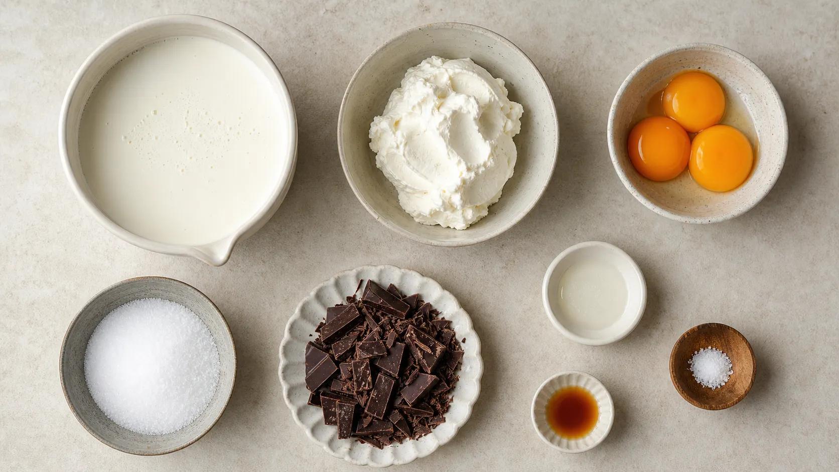 Zutaten für Keto Stracciatella-Eis: Sahne, Frischkäse, Eigelb, Erythrit und Zartbitterschokolade